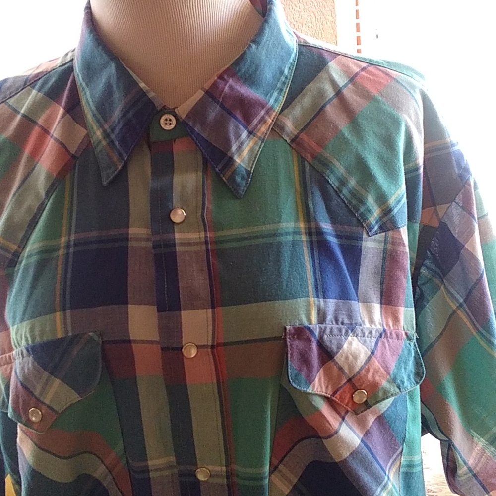 Men's Vintage Extra-Long Ruddock Shirts Plaid Snap Short Sleeve Western Shirt - Picture 3 of 5